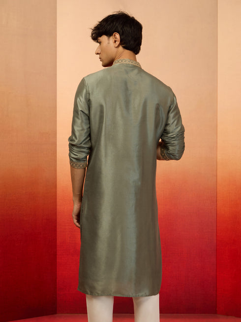 Men's Mint Green Resham Embroidered Silk Kurta